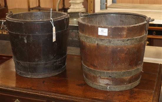 A pair of brass bound staved oak buckets Diameter 33cm